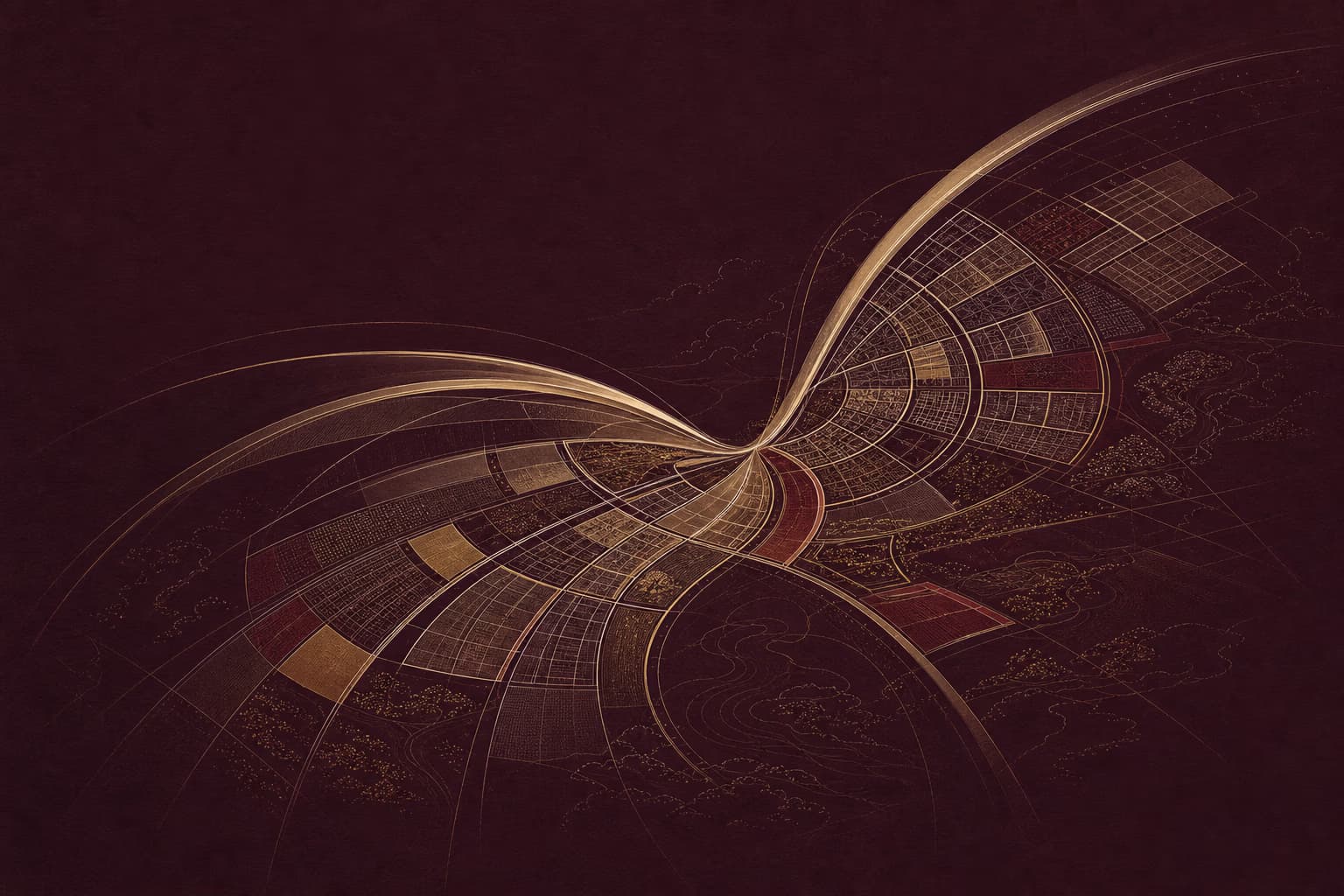 Editorial architectural illustration inspired by Falcon City large-format masterplanning.
