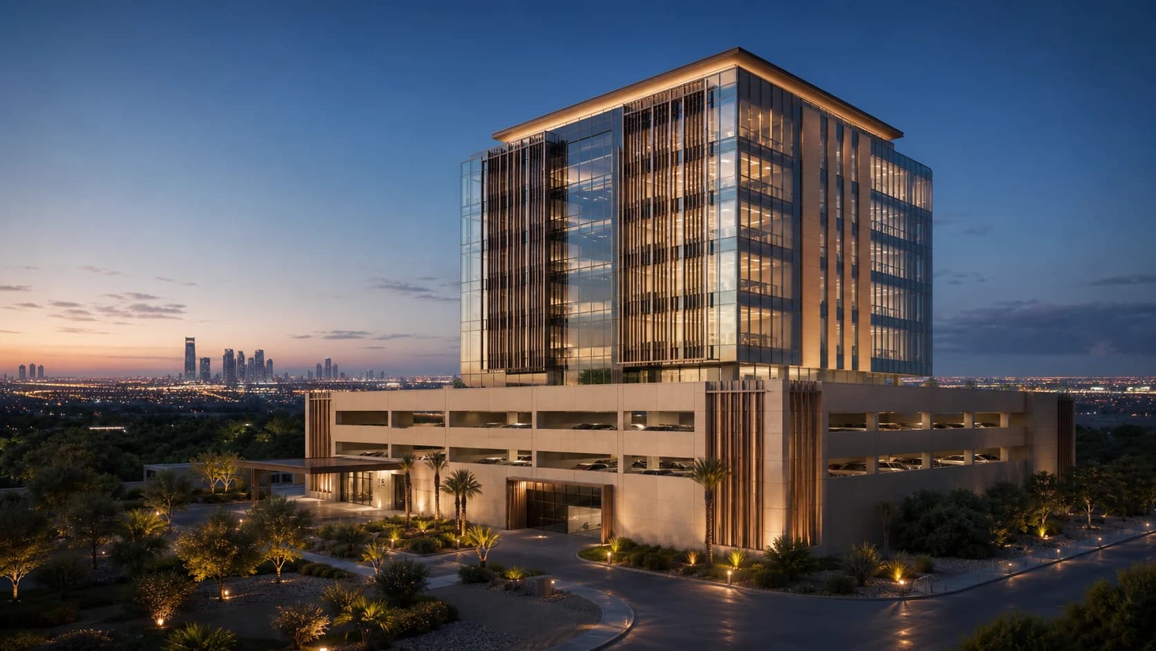 Conceptual illustration of a premium Dubai commercial office development above a parking podium